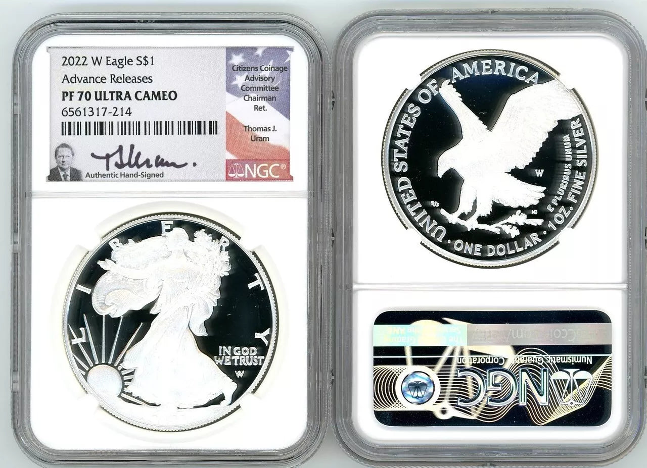 1 oz 2022 W PROOF SILVER EAGLE NGC PF70 ADVANCE RELEASES THOMAS URAM SIGNED