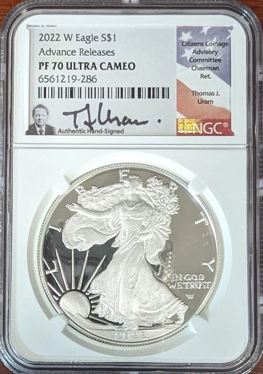 1 oz 2022 W PROOF SILVER EAGLE NGC PF70 ADVANCE RELEASES THOMAS URAM SIGNED