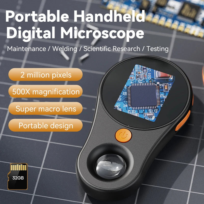 2.0" 500X Handheld Digital Microscope – IPS Screen, 1080P, Built-in Storage, 8 LED Lights