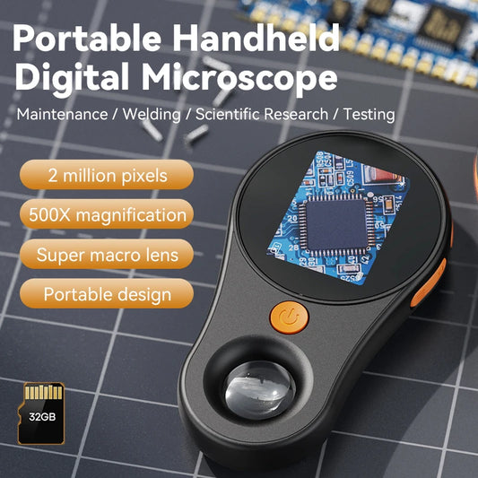 2.0" 500X Handheld Digital Microscope – IPS Screen, 1080P, Built-in Storage, 8 LED Lights