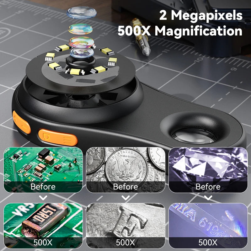 2.0" 500X Handheld Digital Microscope – IPS Screen, 1080P, Built-in Storage, 8 LED Lights